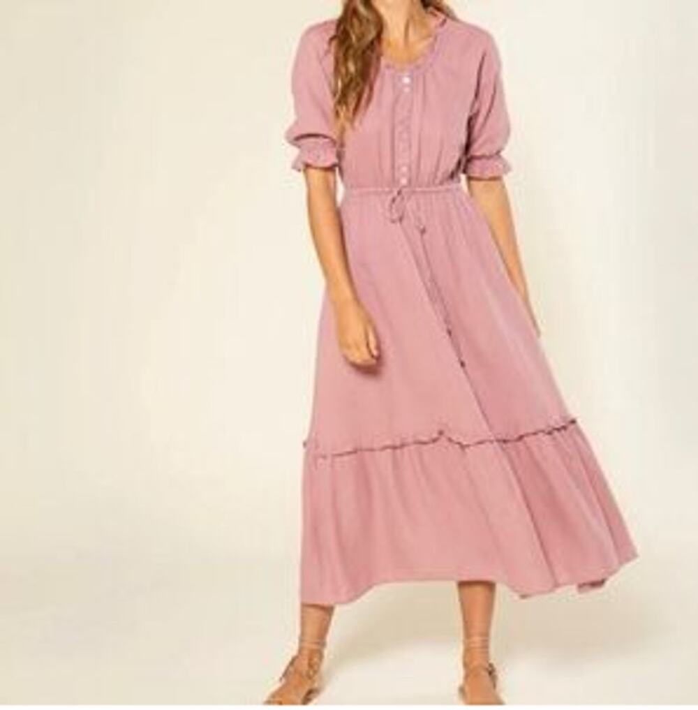Outerknown Organic Cotton Puff Sleeve Ruffle Hem Midi A-Line Dress Pink Medium